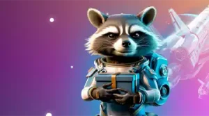 Изображение енота в солнечных очках с скипетром, празднующего с воздушными шарами и золотыми монетами, символизирующее приветственный бонус в Казино Kometa.